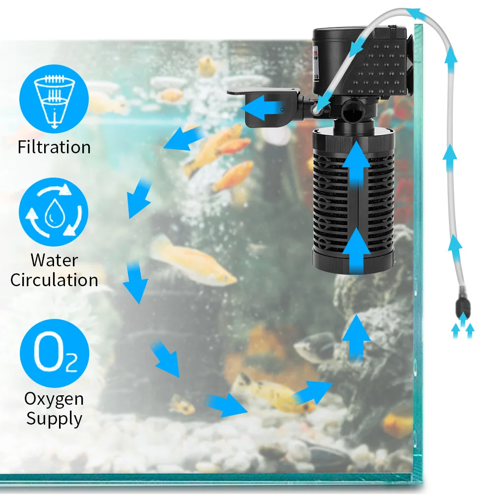 3 In 1 Silent Aquarium Filter Submersible Oxygen Internal Pump Sponge Water With Rain Spray For Fish Tank Air Increase