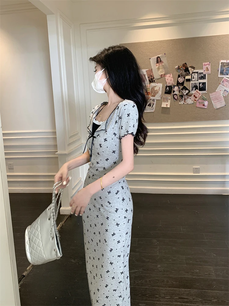 Kleider Kurzarm Damen Nacht 2025, Frau, Frühling, Satin, Fliege, geraffte Taille, Rüschen, A-Linie, normale Passform, romantisches Picknick, süß