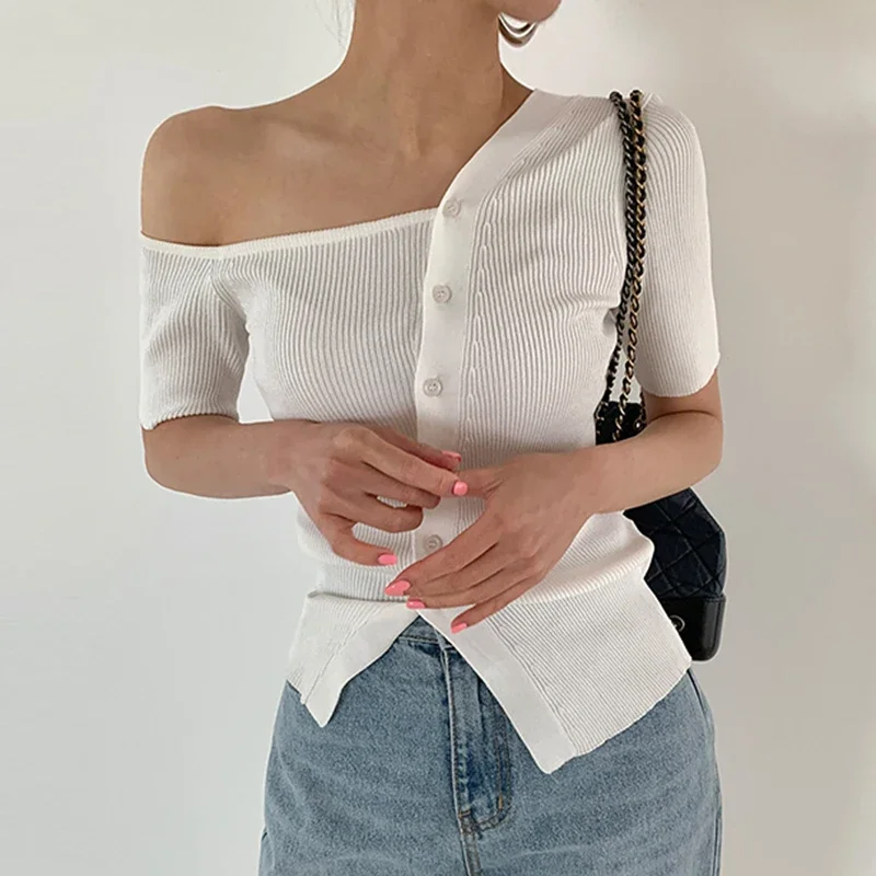 White Chic Knitted Tops Women 2023 Summer Single-breasted Irregularity Neck Pullovers Ladies Korean Streetwear Y2k Knitwear