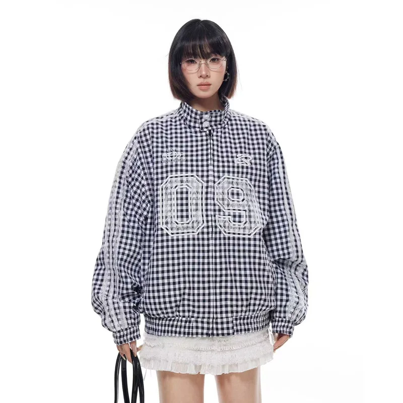 

Women Lace Letter Embroidery Loose Casual Streetwear Fashion Plaid Y2k Bomber Jacket Sweet Girl Clothes Female Coat