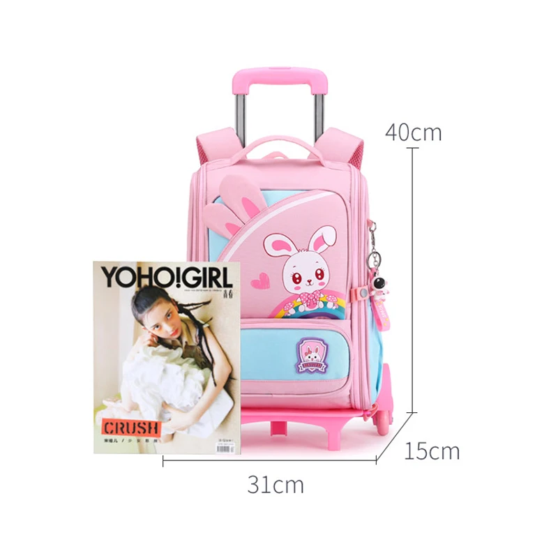 New Fashion Cartoon Children\'s School Bags with Wheeled Trolley Backpack Teenagers Girls Rolling Backpack Students Kids Backpack