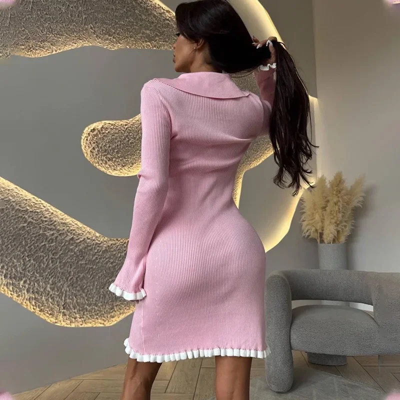 Sexy envoltório quadris vestido de malha moda feminina fungo mangas compridas único breasted bodycon vestido de festa streetwear feminino