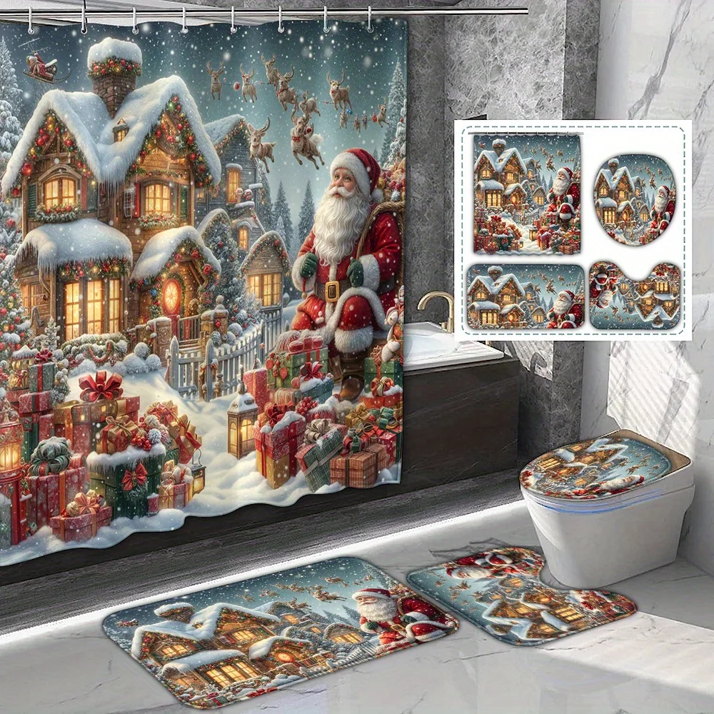 4Pcs Xmas Cottage Santa Gift Box Shower Curtain, 12 Hooks, Non-Slip Mat, Toilet Cover & U-Shaped Pad, New Year Bathroom Decor