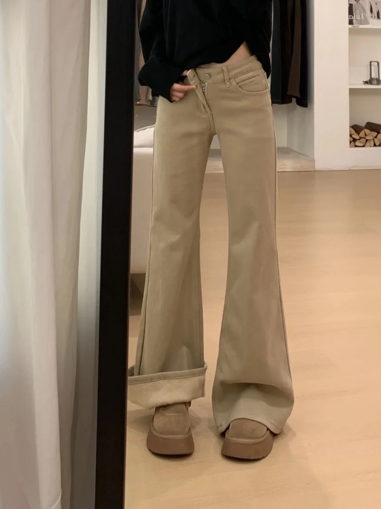 

Большие размеры, джинсы с широкими штанинами и высокой талией на подкладке, женские осенне-зимние свободные брюки прямого кроя для похудения, длинные брюки