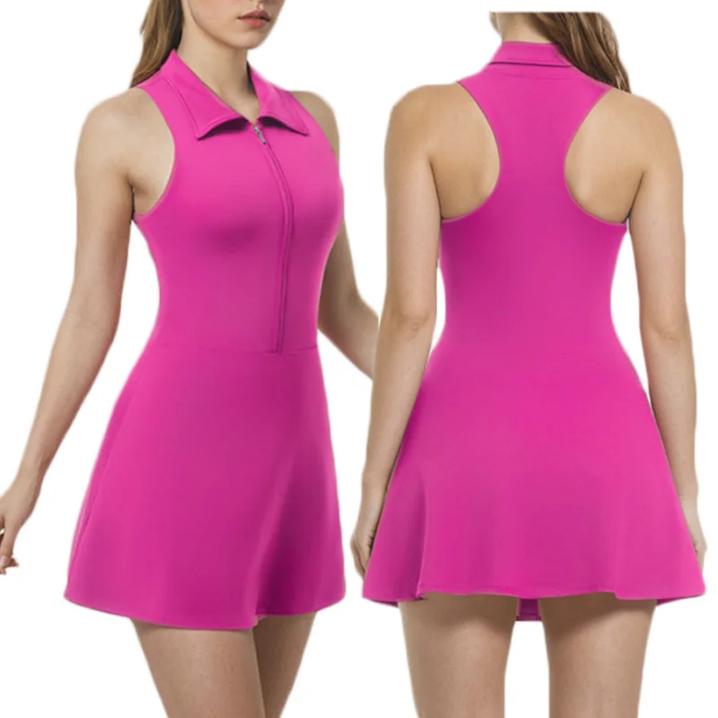 Aiithuug Zipper Tennis Dress with Pockets Golf Dress Zip Up Tennis Dresses Workout Athletic Dresses Build-in Bra Fitness Dress