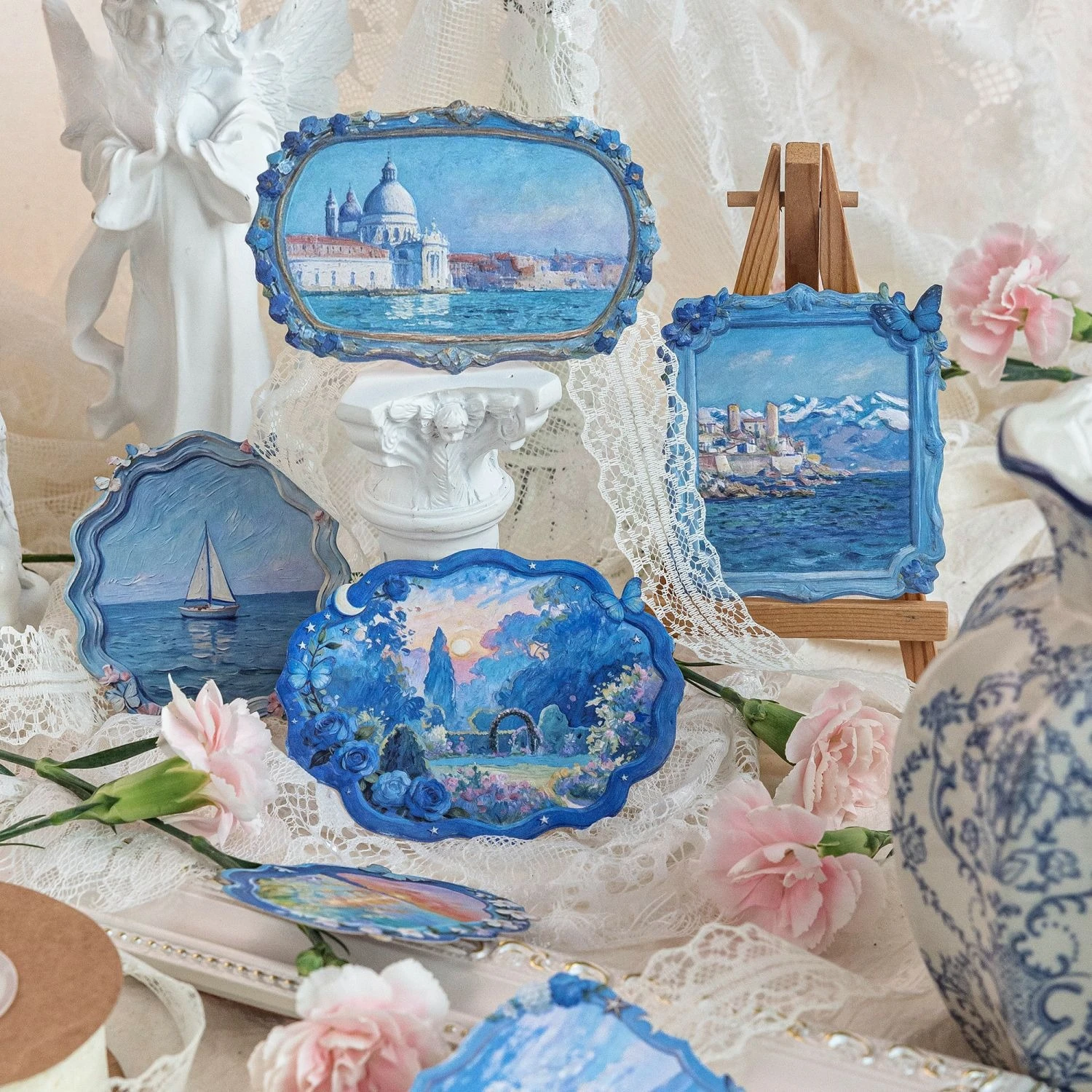 Vintage Flower Oil Painting Frame Relief Landscape Sticker Creative DIY Journal Material Collage Scrapbooking Stationery