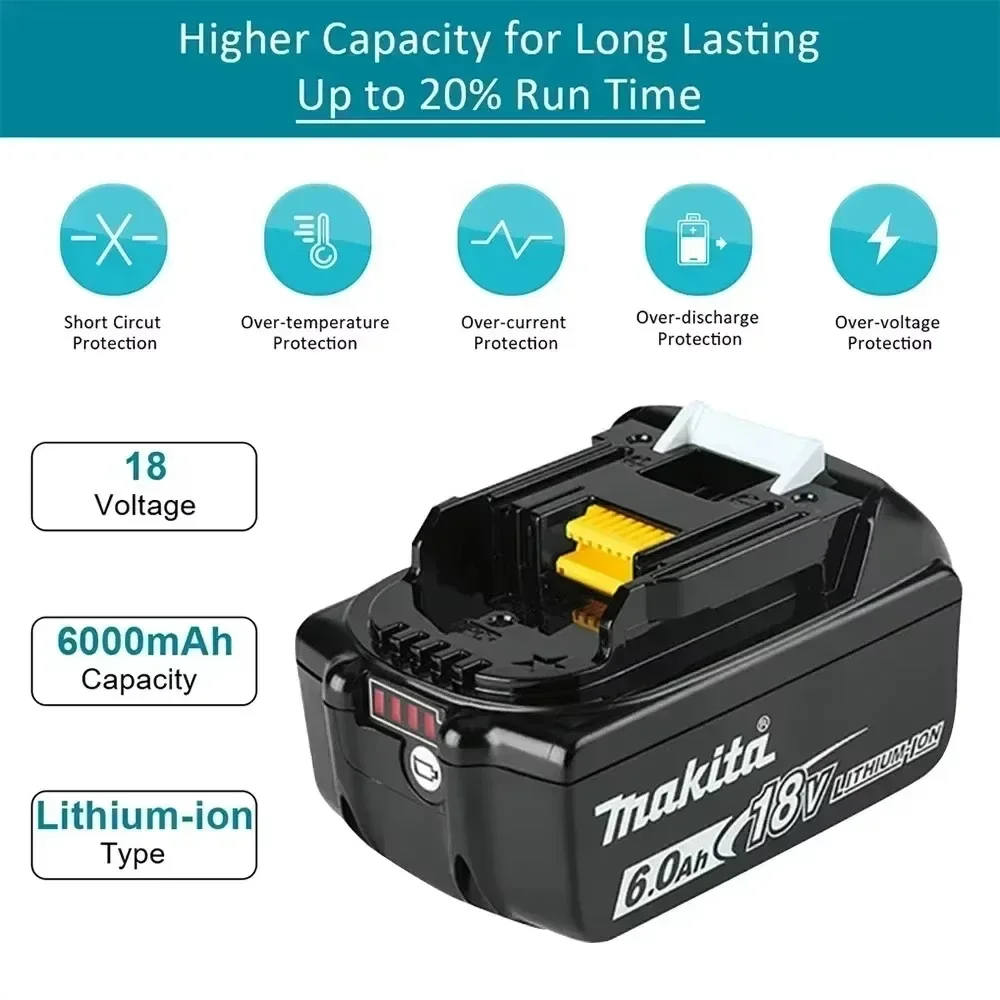 Original 18v 6Ah Makita Rechargeable Power Tool Battery, Replaceable LED Lithium-ion, 6.0 Ah 18V BL1860B BL1860BL1850 BL1830 LXT