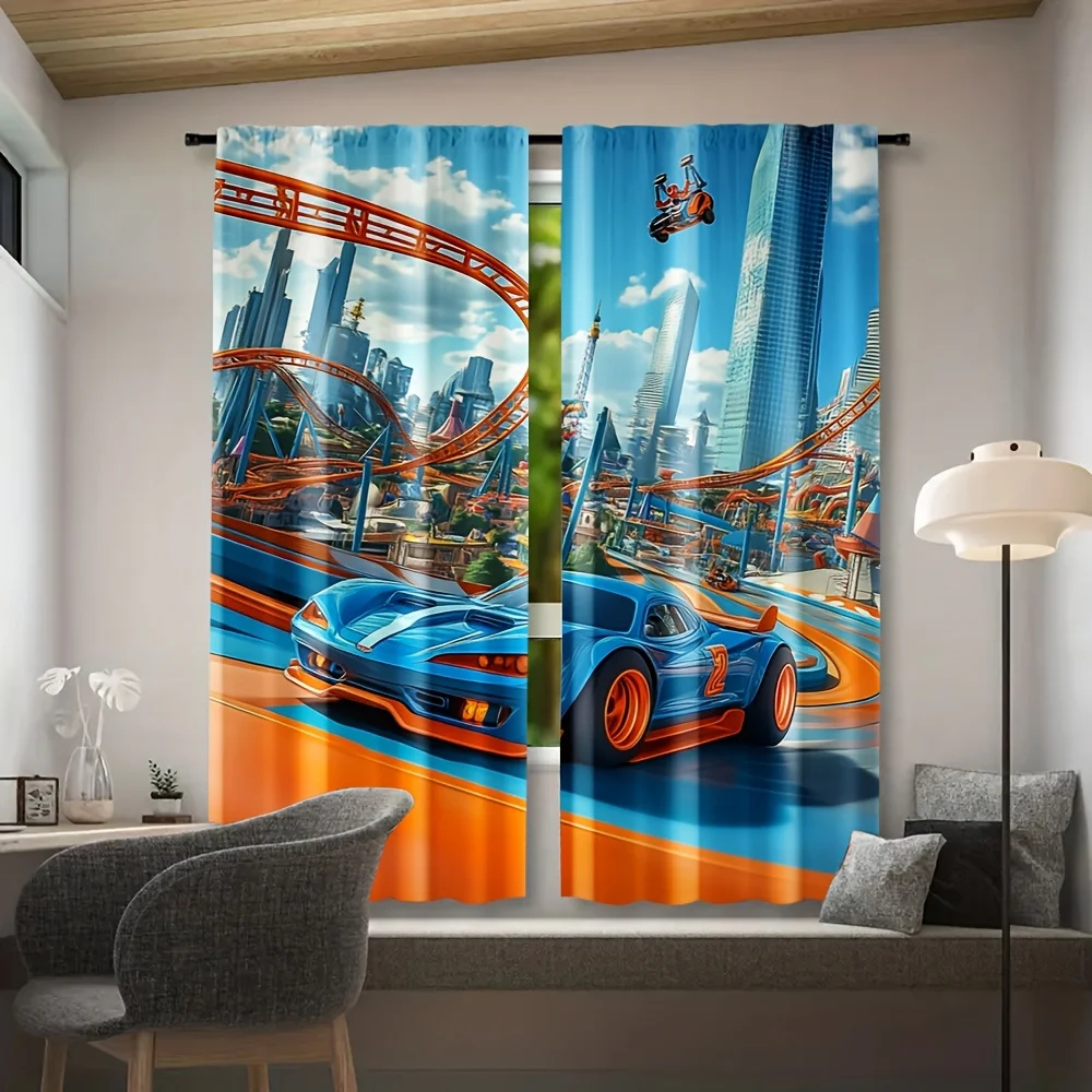 Dynamic Racing Car and Rollercoaster Cityscape Curtains Waterproof Printed Window Decor for Modern Living Room and Bedroom Home