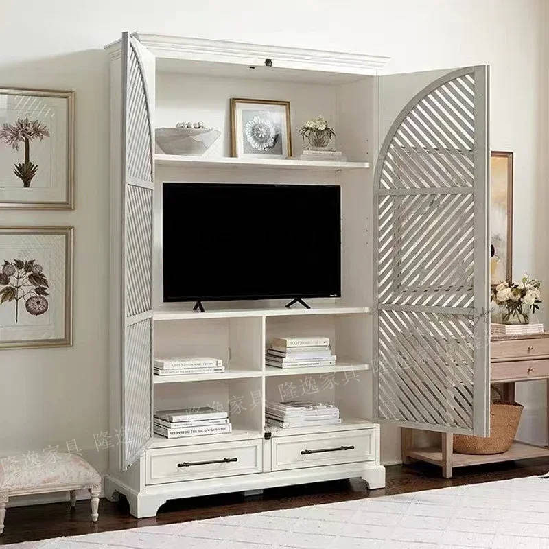 

American Country Retro French Louver Wardrobe Solid Wood Living Room Bedroom Storage Cabinet
