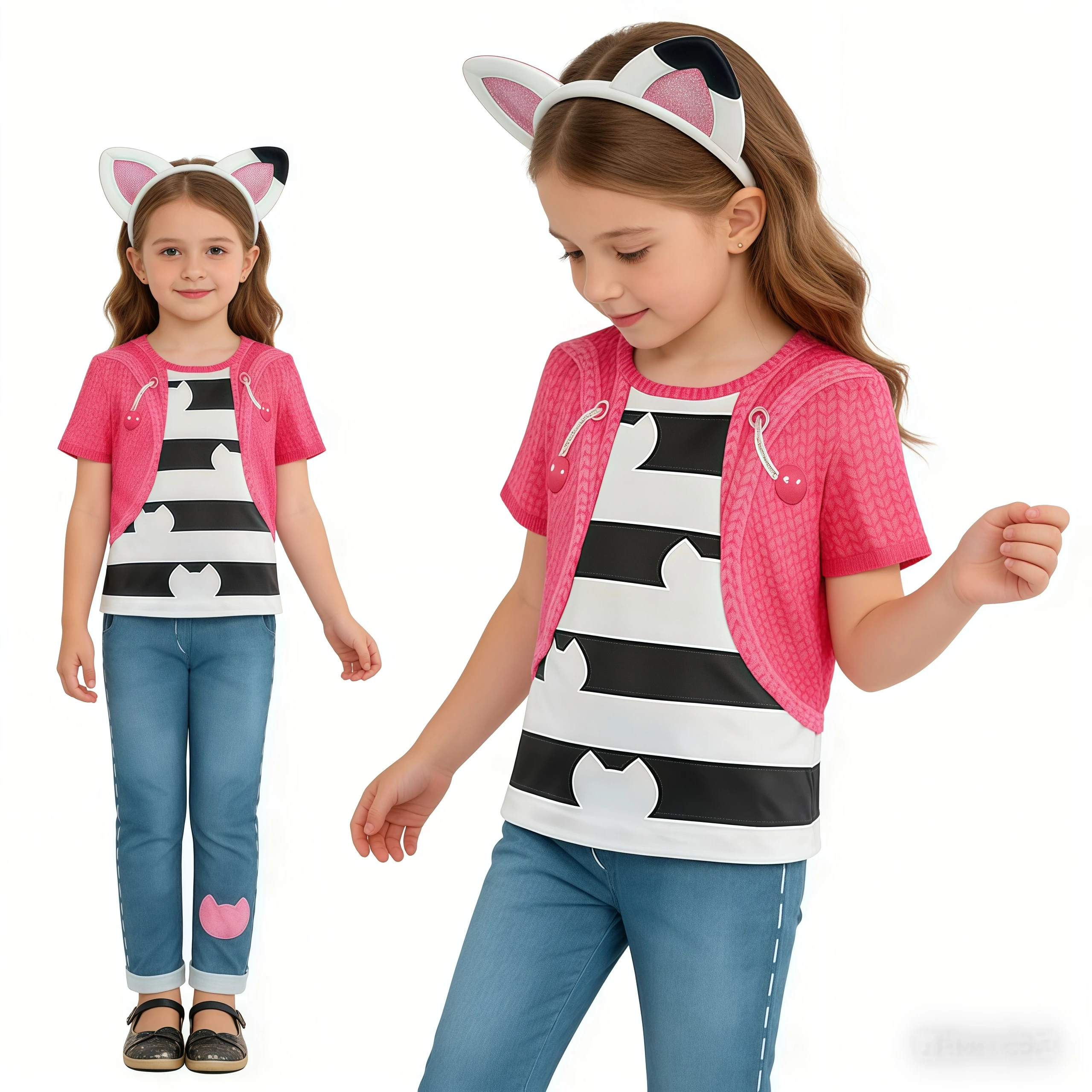 Summer Girls Cartoon Cosplay Costume Tops Pants With Cats Headwear For Kids Halloween Roleplay Birthday Party Carnival Dress Up