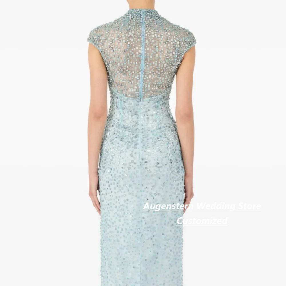 Customized Mint Mesh Mother Of The Bride Gown High Neck Cap Sleeve All Over Rhinestone Slim Midi Formal Wedding Guest Dress