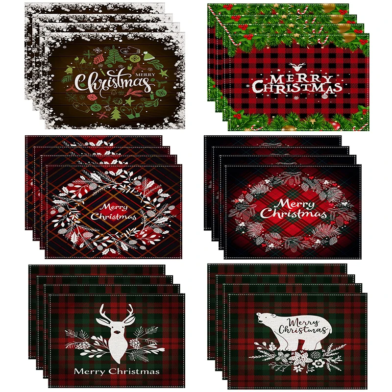 4/6/8pcs Christmas Placemats Linen Table Mats Non-Slip Washable Buffalo Plaid Xmas Tree Placemat for Party Kitchen Table Decor