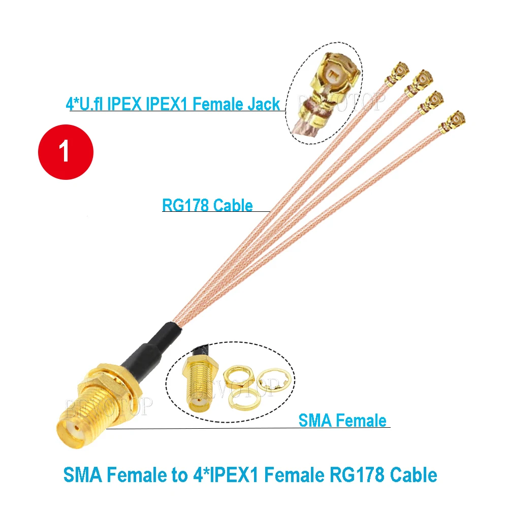 1PCS 1 to 4 SMA IPX Splitter Cable RP-SMA/SMA Female to 4 x U.fl Female1 RG178/RF1.13/RF1.37 WIFI Antenna Extension Jumper