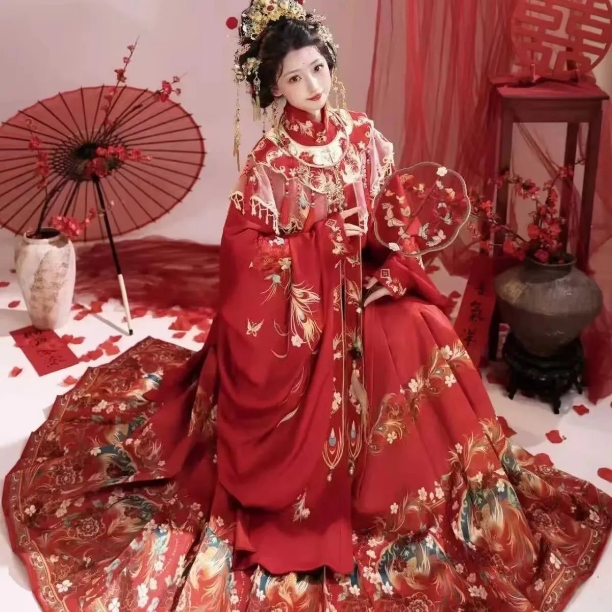 Plus Size 8XL Women Chinese Wedding Hanfu Set, Ming Style Red Embroidered Cloud Shoulder+Gown+Skirt Traditional Bridal Costume
