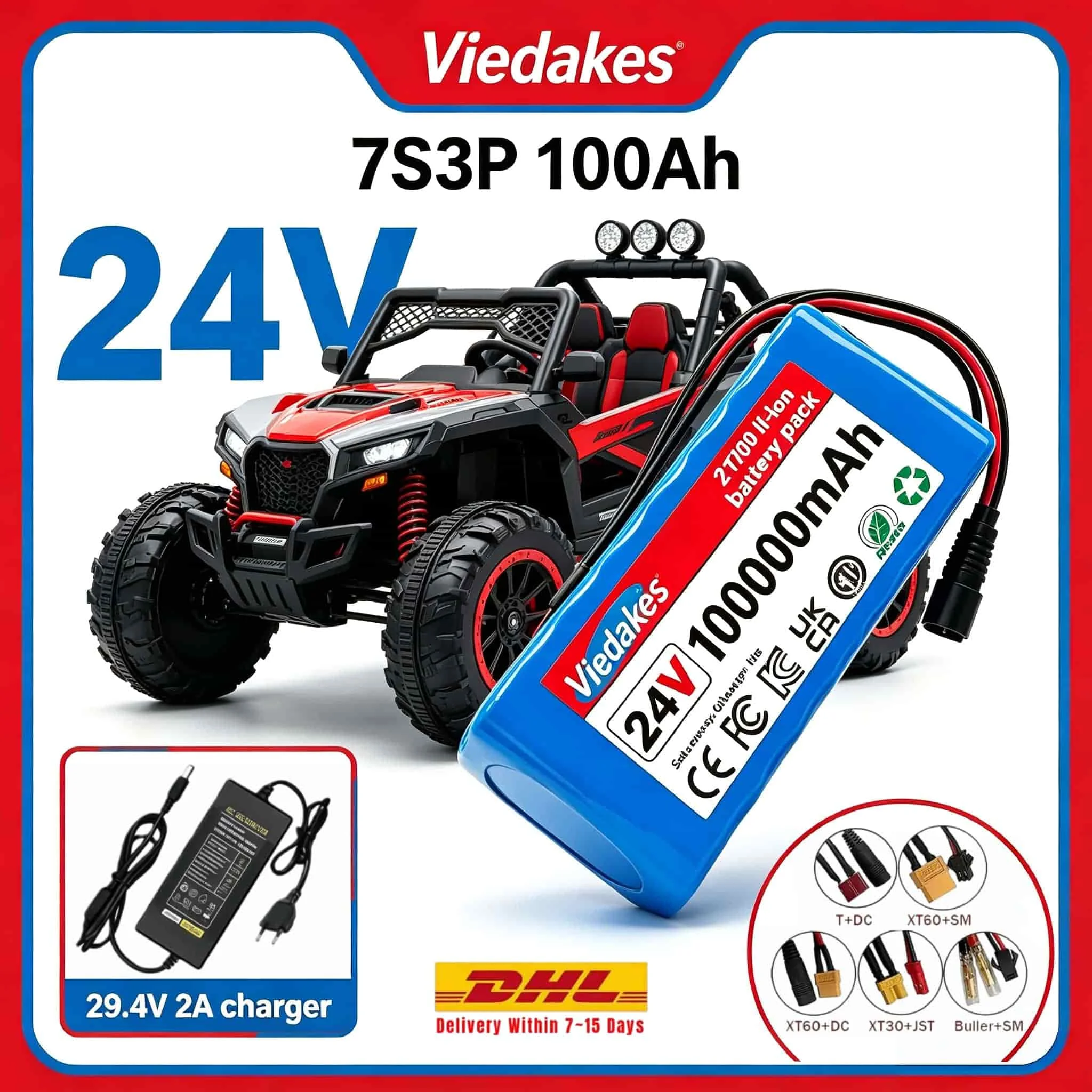 Viedakes 24V 100Ah 7S3P Rechargeable Li-ion Battery Pack For RV Camper Solar Storage With 29.4V 2A Charger