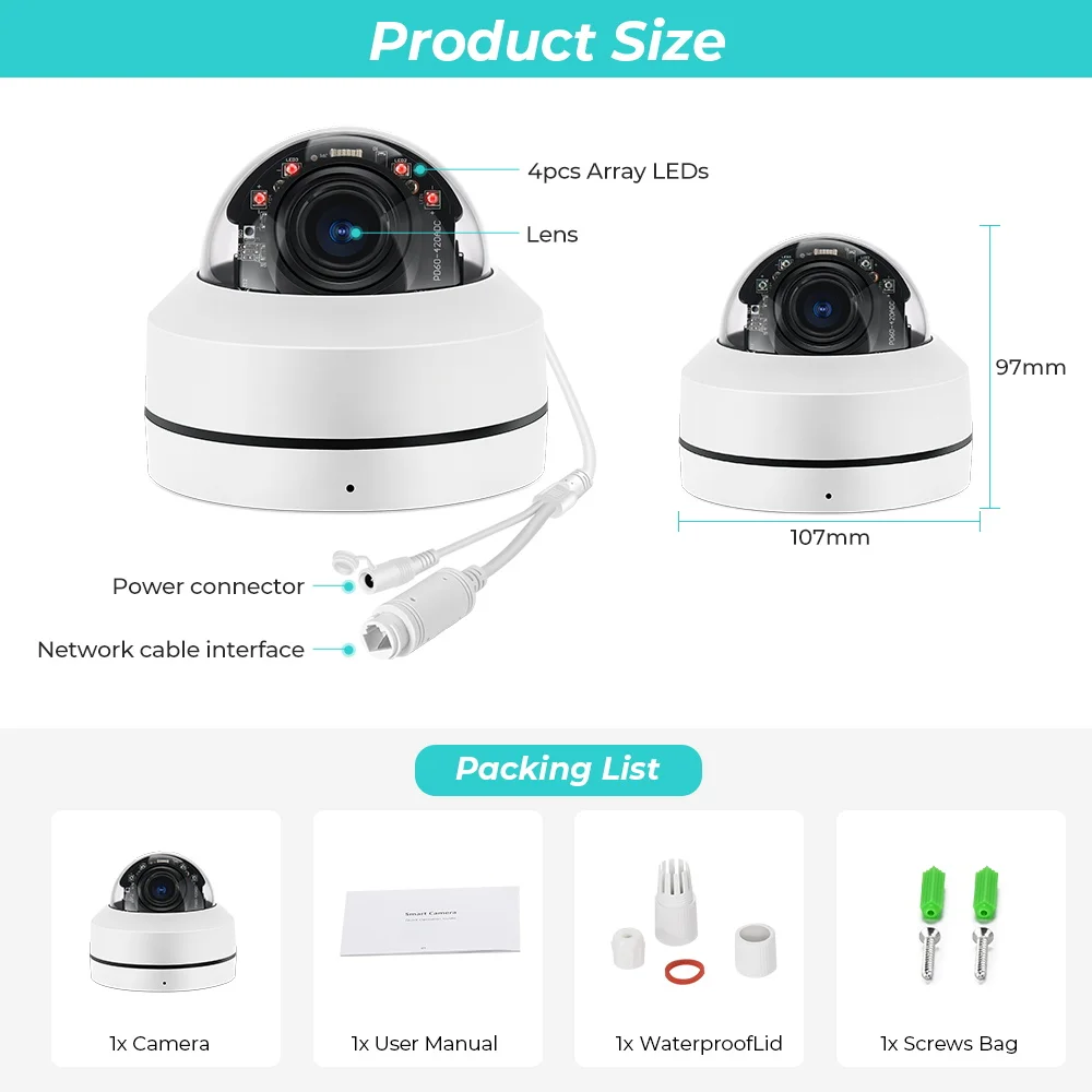 8MP 4K PTZ PoE Sicherheitskamera Wasserdicht 5X Optional Zoom 2,8-12mm Weitwinkel CCTV Kamera Metall Nachtsicht Überwachung CAM – Detail 2