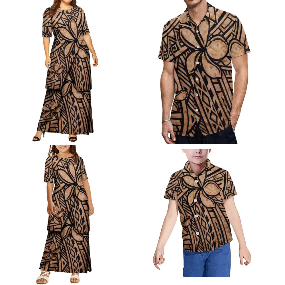 Letni zestaw dla rodziców i dzieci z okrągłym dekoltem, polinezyjski strój rodzinny, modny zestaw dla dorosłych, koszula chłopięca z własnym wzorem.