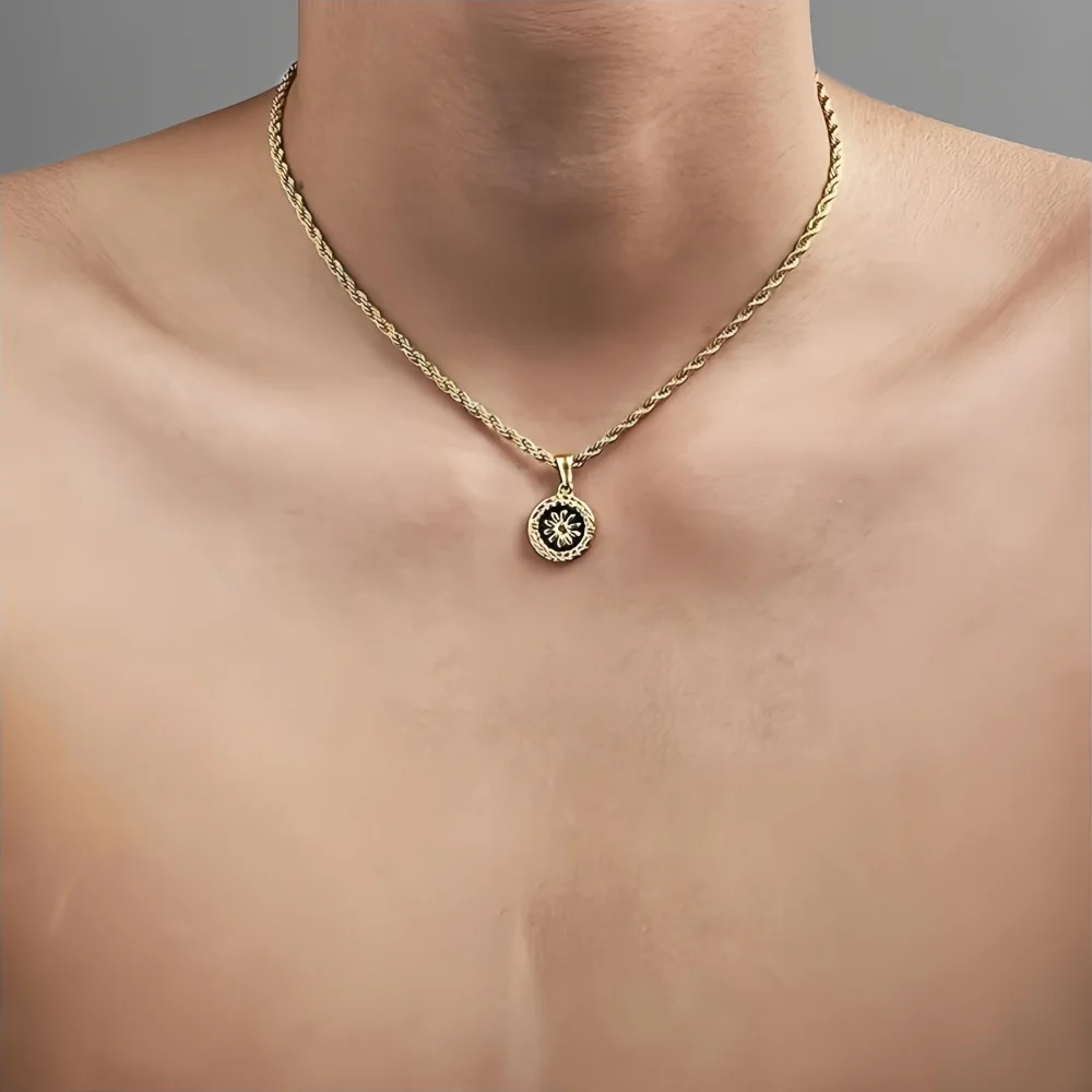 Vintage Runde Münze Schwarze Tropfen-Glasur Blumen-Anhänger Halskette Hip-Hop Goldfarben Edelstahl Gedrehte Kette Herrenschmuck – Detail 2