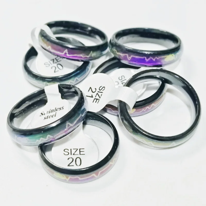 Wholesale 36 pcs 6mm Inner arc black background electrocardiogram temperature color changing stainless steel Ring