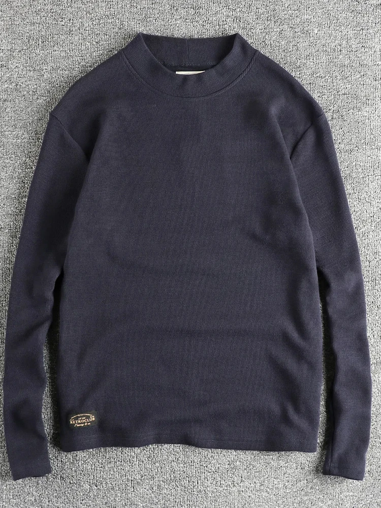 Autumn and Winter New American Retro Long Sleeve O-neck 320g Waffle Knitted T-shirt Men\'s Simple Washed Casual Bottoming Tops