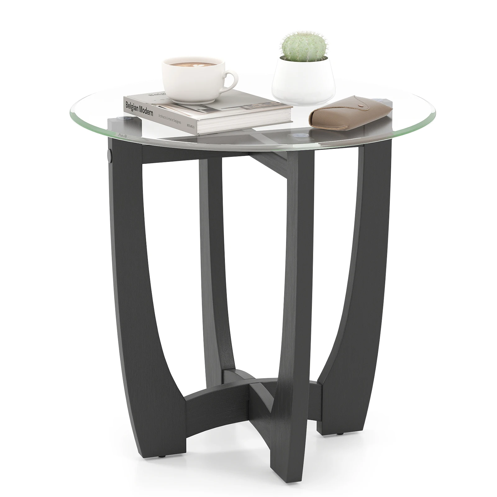 

23. 5" Round Side Table with Glass Tabletop Cross-shaped Solid Rubber Wood Frame