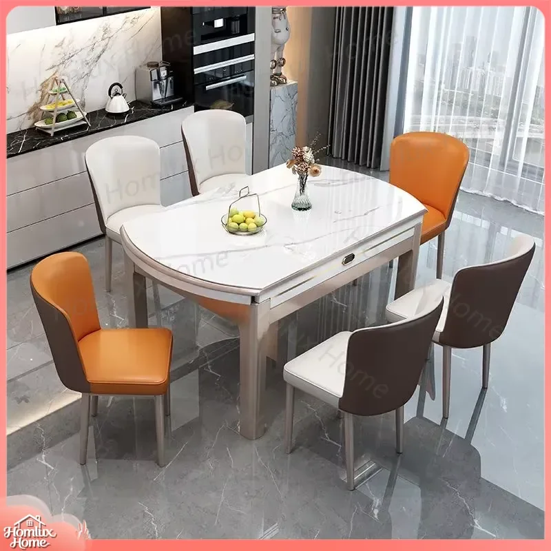 Modern Retractable Folding Round Marble Dining Table Set with Solid Wood Chairs 4 or 6 Seats Luxury Dining Room Furniture