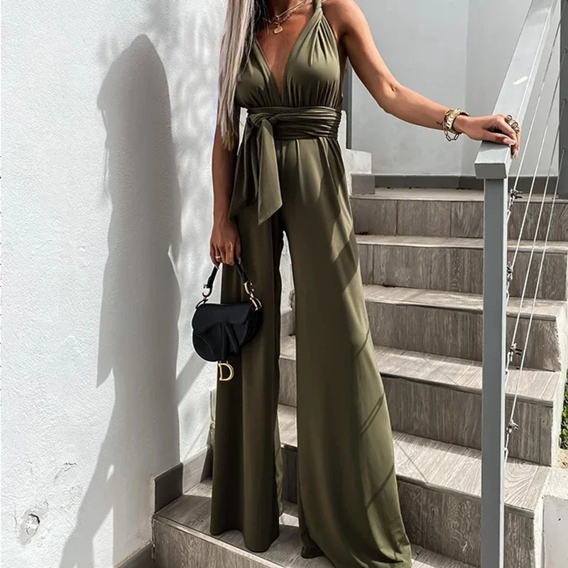 

Women's Cocktail Party Holiday Jumpsuit Overalls Summer Sleeveless Cross Backless Lacing High Waisted Romper Wide Leg Pants