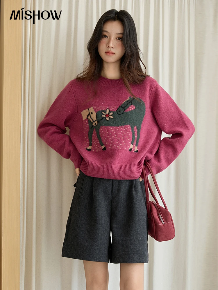 

MISHOW красный свитер женский 202, осень-зима, французский жаккардовый свитер с круглым вырезом пони, свободные пуловеры с длинными рукавами, вязаный топ MXE48Z2622