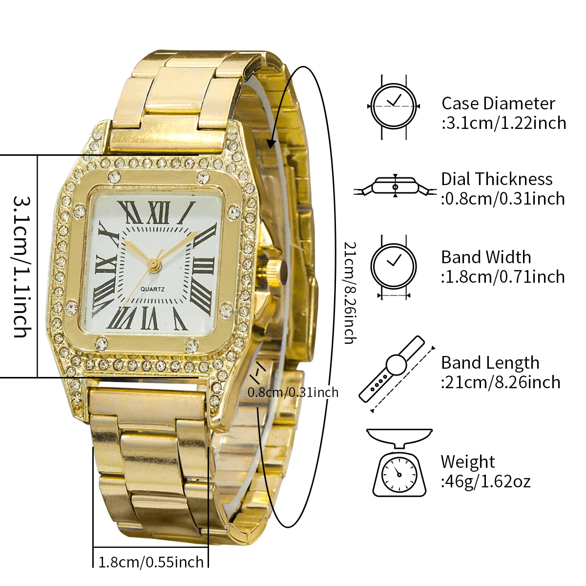 2PCS Fashion Square Women Watches Luxury Rhinestone Steel Band Ladies Quartz Watch Bracelet Set Reloj Mujer（Without Box）