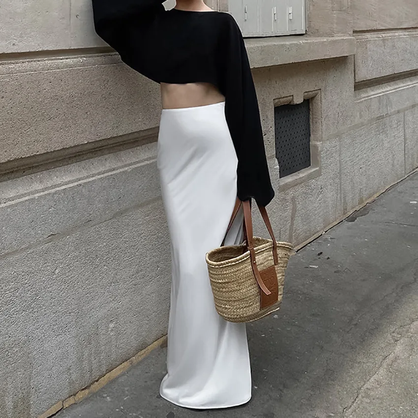 

Длинная юбка-фасон «рыбий хвост» из шелкового атласа для женщин, осенняя, стройнящая, для вечерних выходов, белая