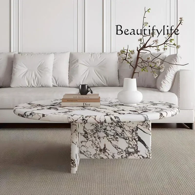 Mesa de centro de mármore natural estilo creme francês AL Y, tampo oval redondo italiano lacado e estrutura de aço inoxidável, resistente ao calor