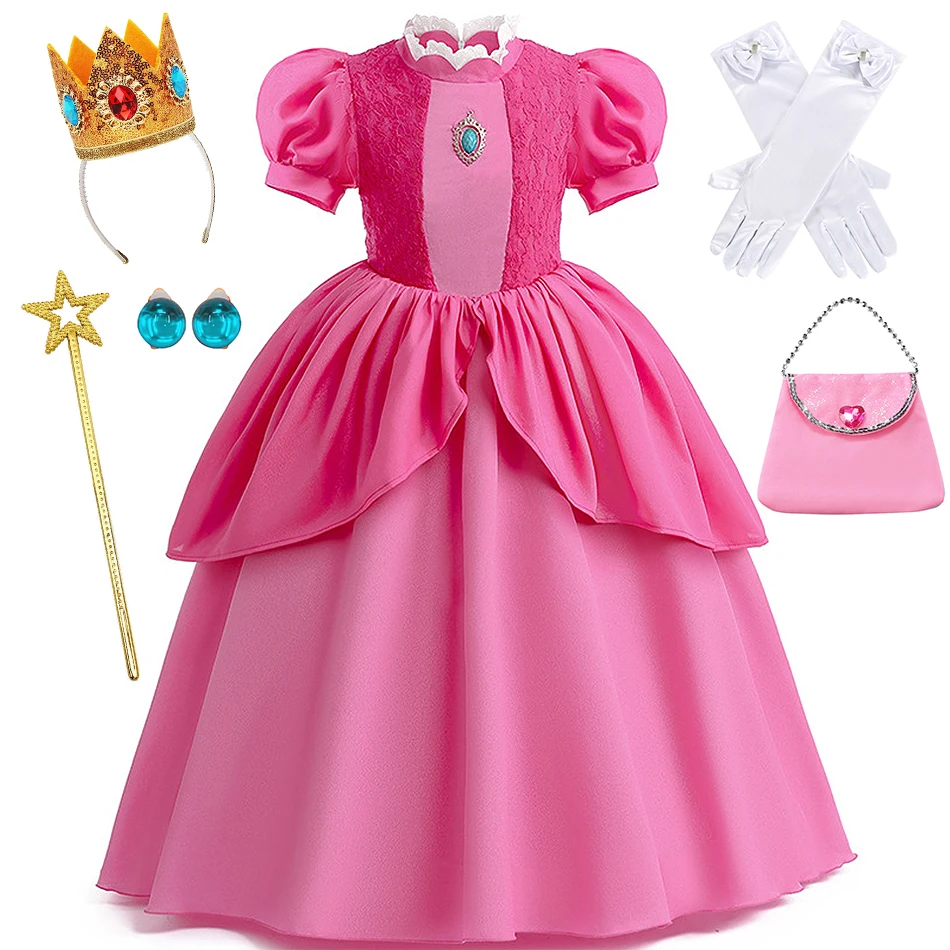 Girls Peach Halloween Pink Princess Dress Children Birthday Carnival Xmas Party Costume Kids Cartoon Cosplay Performance Gown