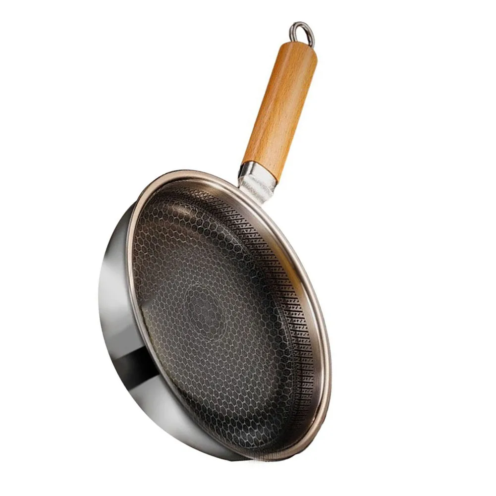 316 Stainless Steel Frying Pan 40.5x22x4.5cm with Even Heat Distribution and Wooden Handle for Induction Gas Stoves