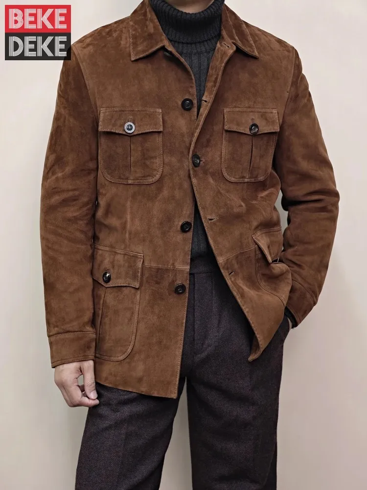 

Mens Italy Handmade Warm Jacket Natural Sheepskin Mid Length Hunting Coat Turndown Collar Suede Leather Single Breasted Business