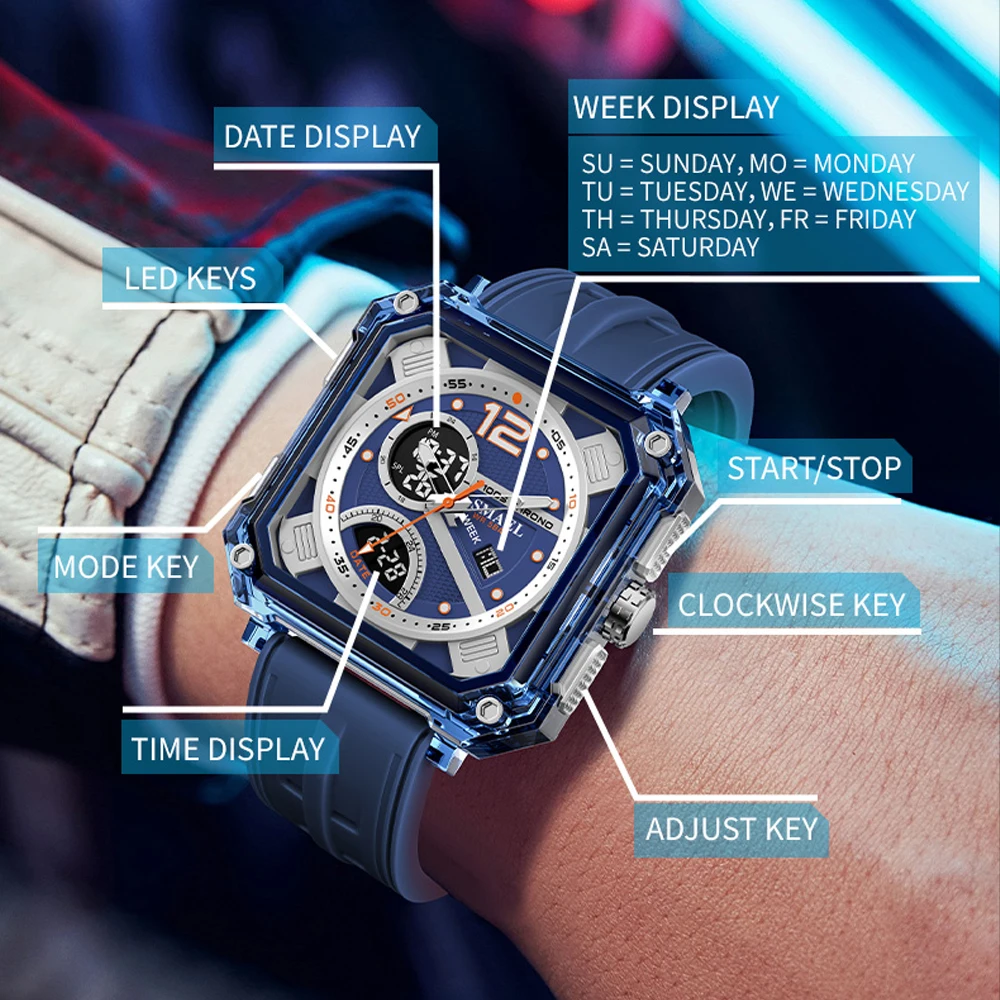 SMAEL8121 Men's Luxury Military Quartz Watch Waterproof LED DisplayLuminous Alarm Date ElectronicSport Wristwatch Tough for Male
