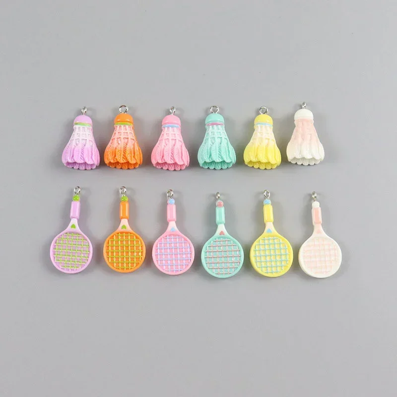 10Pcs Mini Badminton Shuttlecock & Racket Resin Charms with Loops, Sports Pendants Bulk for DIY Bag Keychain Craft Ornaments