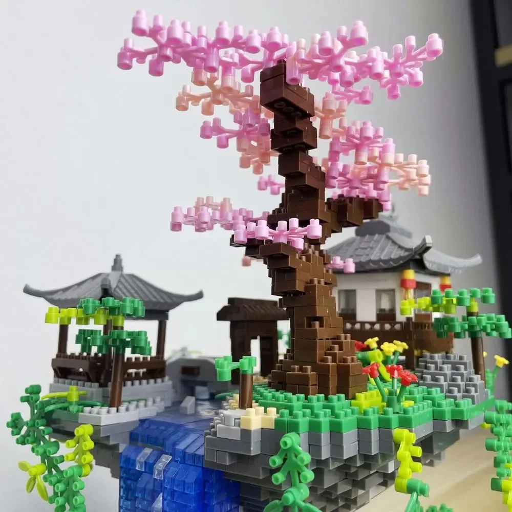 สถาปัตยกรรมจีน Peach Blossom Pool Air Tree House Building Blocks สวนซูโจว DIY Assembly อิฐของเล่นเด็กของขวัญ