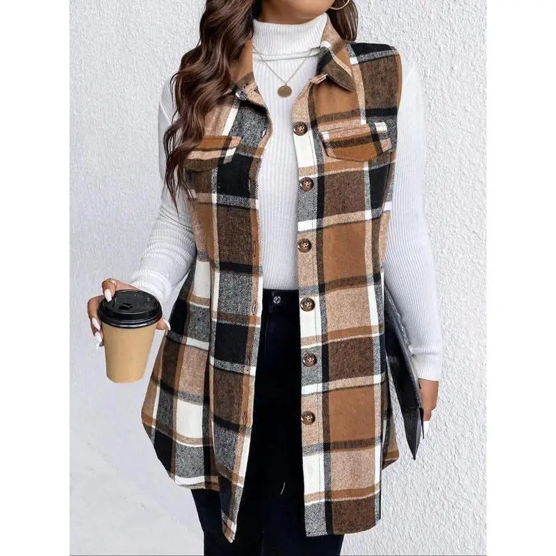plus Size Plaid Print Button Front Vest Coat Casual Large Women's Autumn Winter Fashion Outerwear Pear Shape Body Type