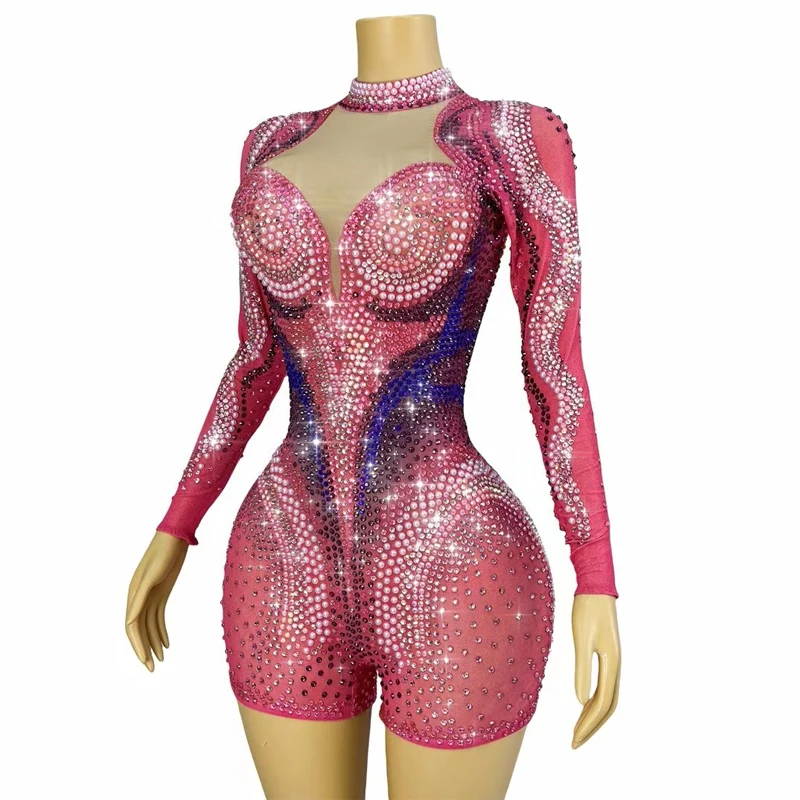 Kostium Gogo Dancer na Halloween, strój sceniczny dla kobiet, różowy kombinezon z dżetami do tańca jazzowego, odzież do baru i klubu nocnego XS10341