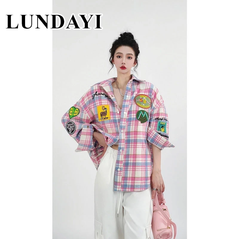 2023 New Arrival Spring Women Loose Fit Turn-down Collar Long Sleeve Blouse Casual Patchwork Plaid Single Breasted Shirts D294