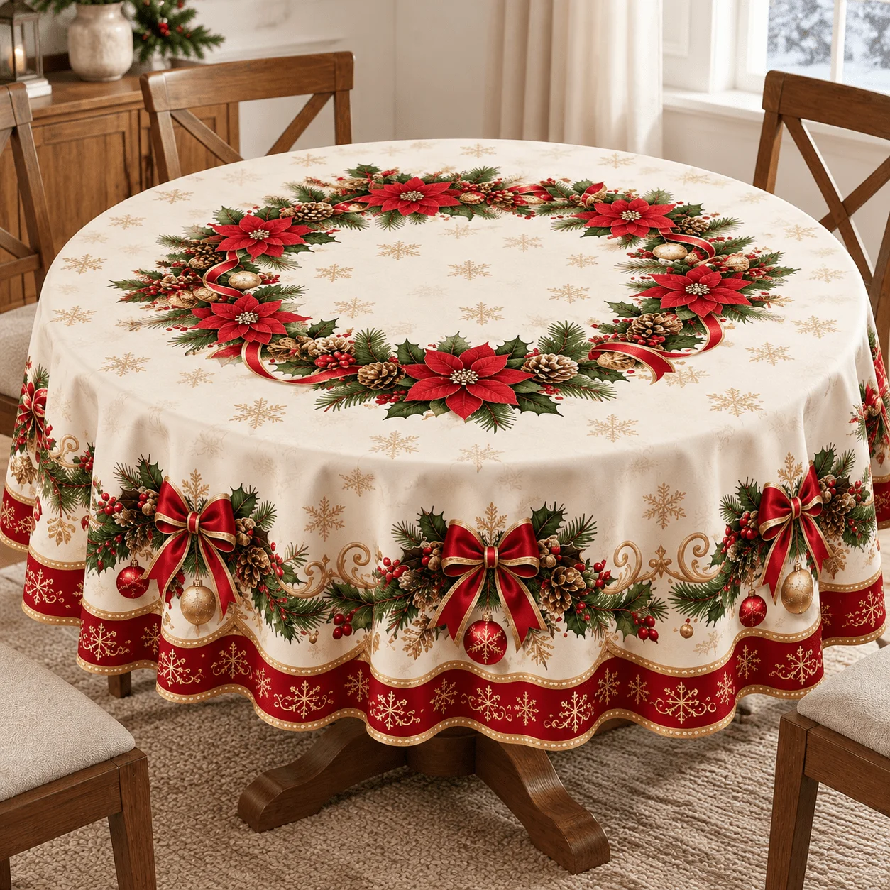 1 Round tablecloth, Christmas red gold wind polyester round tablecloth, with burgundy fringed wavy border