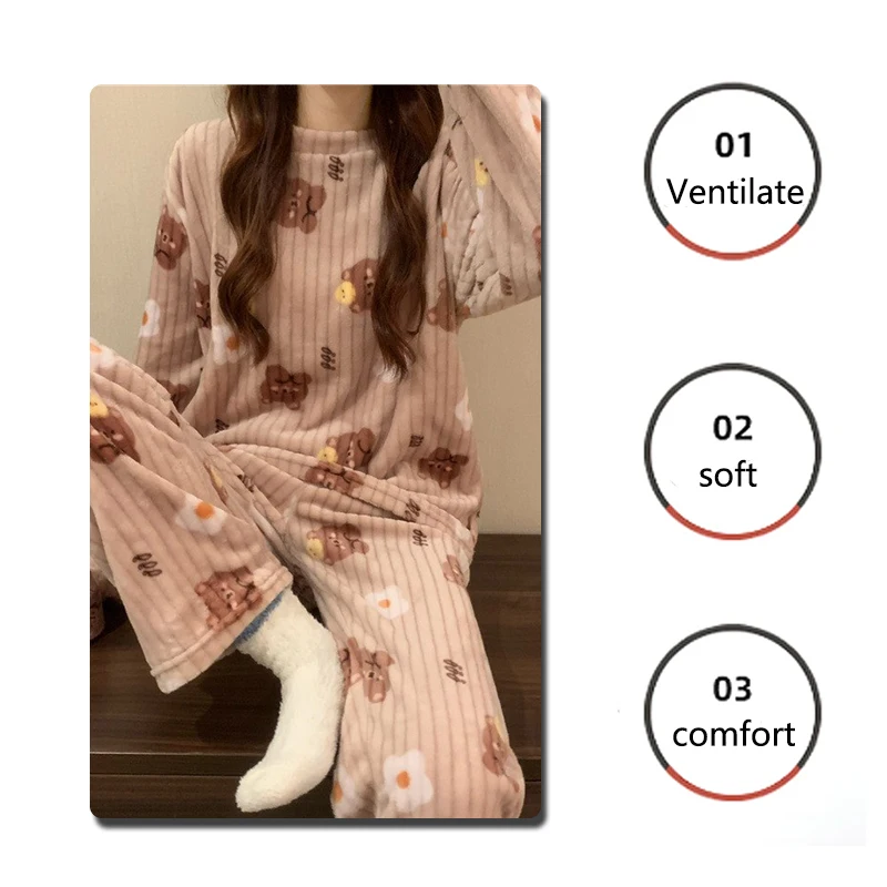 Padded and Thickened Warm Flannel Women Pajamas Loungewear Winter Peach Sleepwear Homewear Coral Velvet Two-Piece Set Nightwear