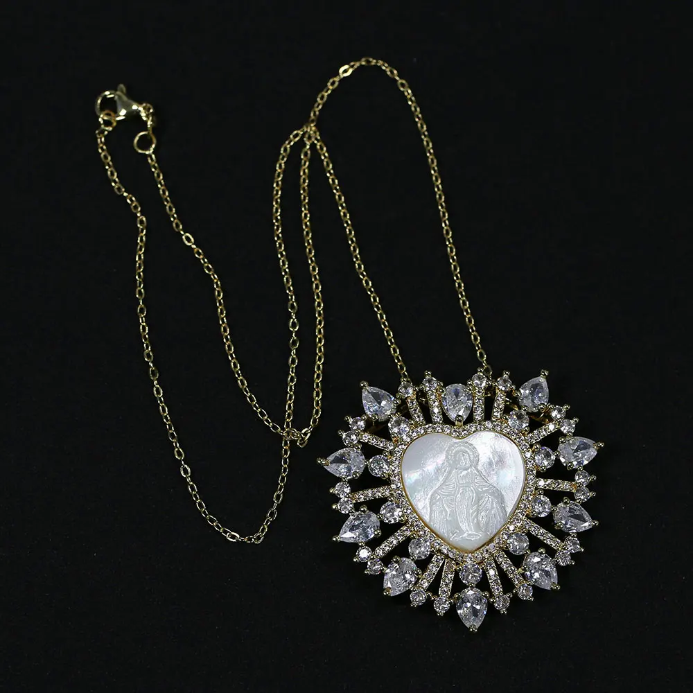 G-G White Shell MOP Cameo Virgin Mary CZ Micro Pave Heart Pendant Chain Necklace