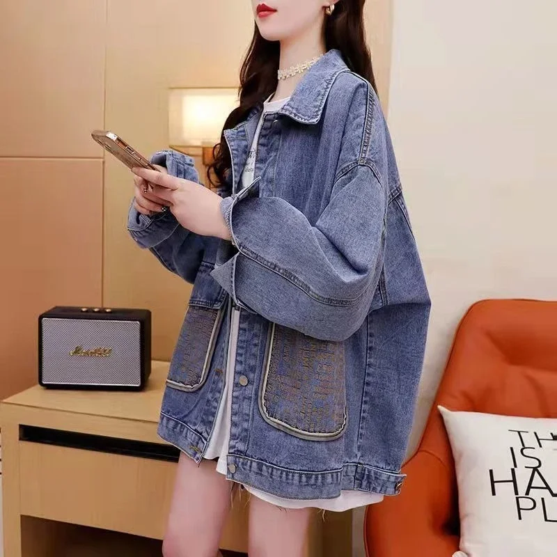 Korean Women's Loose Casual Denim Jacket 2025 Spring Autumn New Chic Elegant Versatile Age Reducing Letter Print Design Jacket