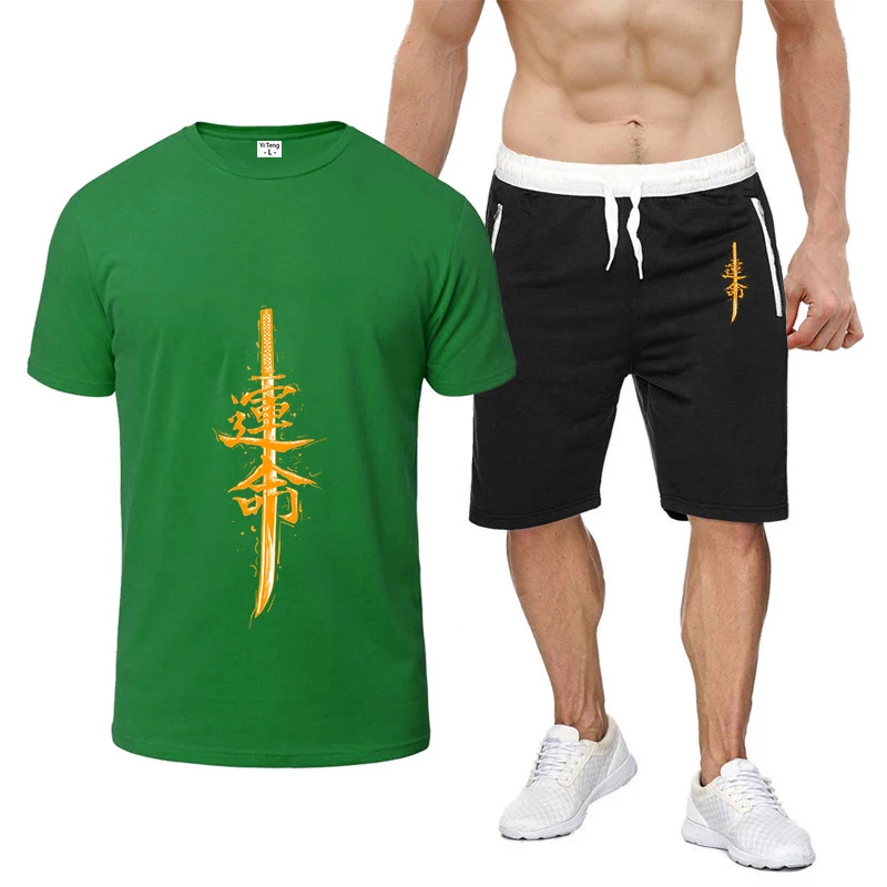 

Лето 2022, японский самурайский меч с рисунком судьбы, мужской новый девятицветный комплект с короткими рукавами, спортивные брюки с короткими рукавами, тонкий костюм
