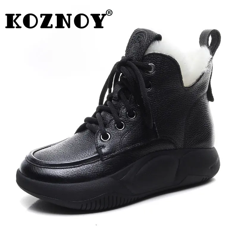 

Koznoy 3cm Natural Cow Genuine Leather Ankle Boots Moccasins Retro Winter Plush Warm Fur Women Flats Ladies Comfy Wedge Shoes