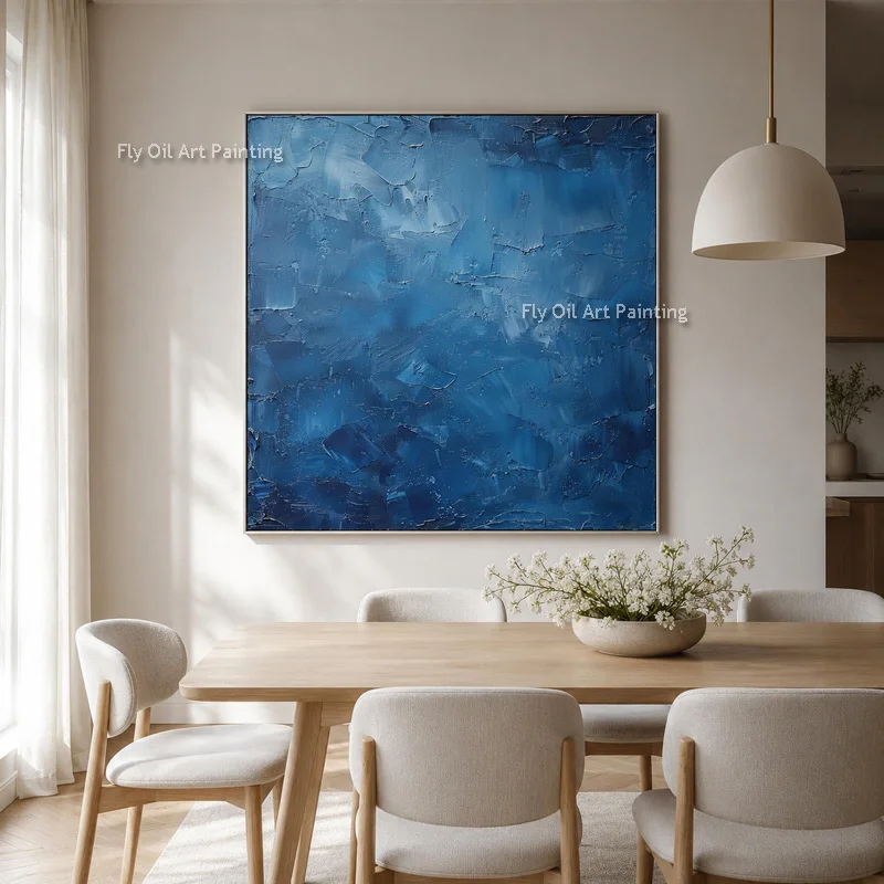 Square Hand-Painted 3D Textured Oil Art, Deep Blue Tone Serene Modern Living Room Wall Decor