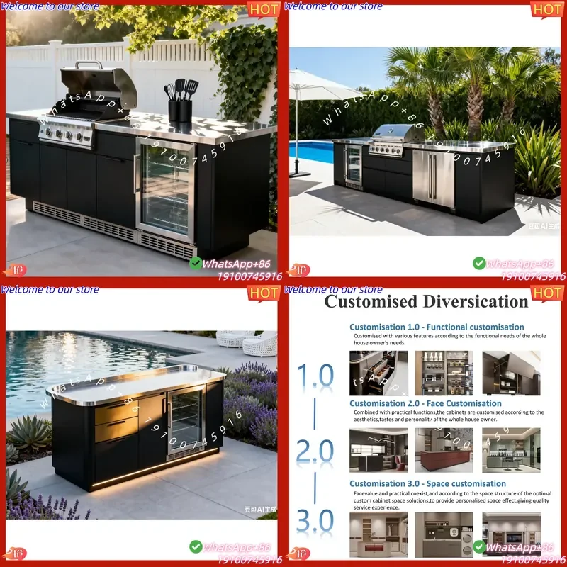 2026Hot BAINENG HOT SALE Waterproof Black Modern Design Plywood Stainless Steel Outdoor BBQ Kitchen Cabinet Grill Sink Custom