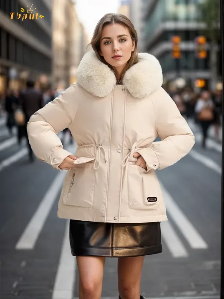 Solid Women's Casual Hooded Parka Coat with Drawstring Fur Collar