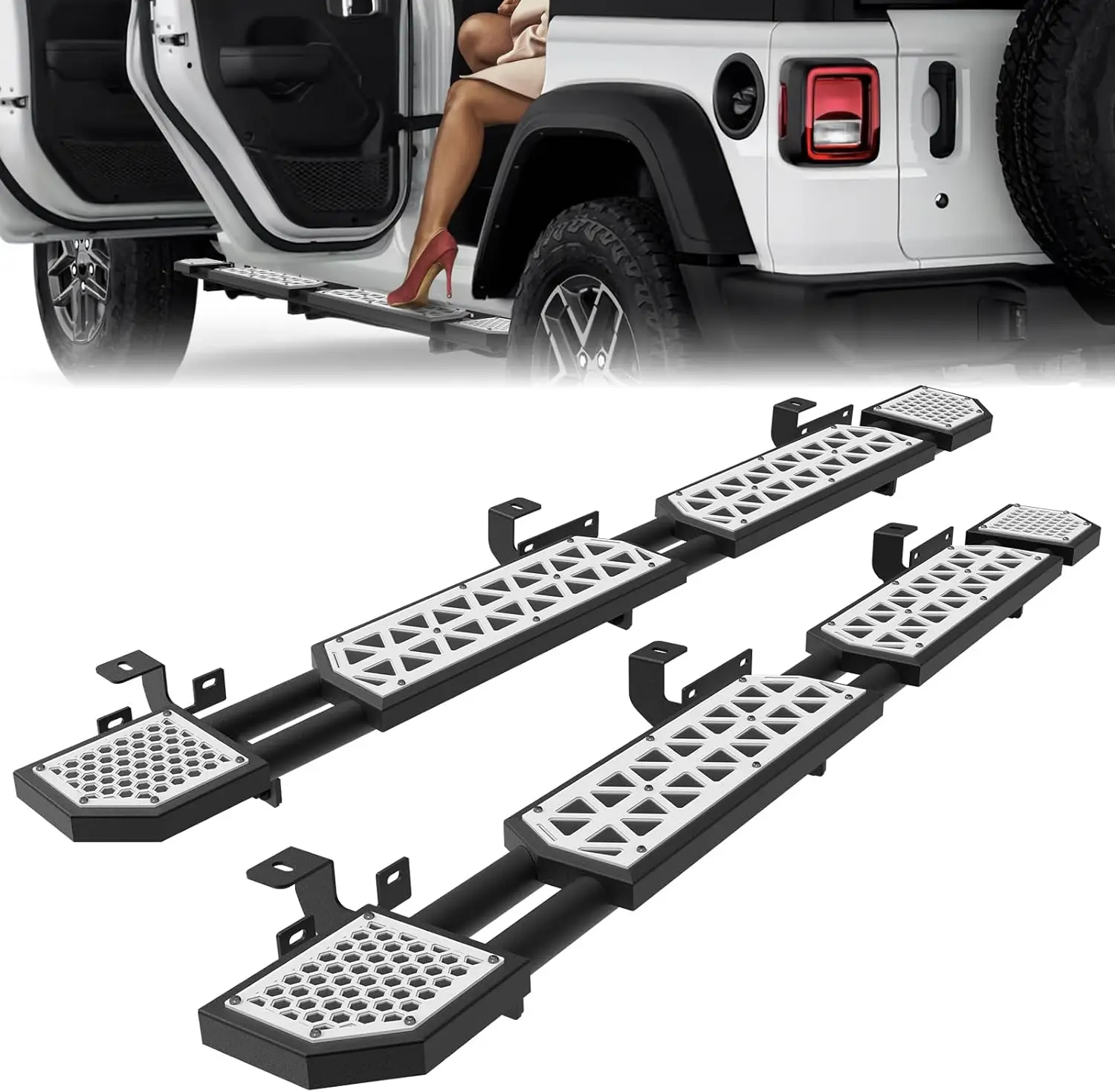 White Running Boards for Jeep Wrangler JL 4 Doors 2018-2026, 7-Inch Rock Rail Side Steps, Carbon Steel Rock Sliders, DIY Paintable